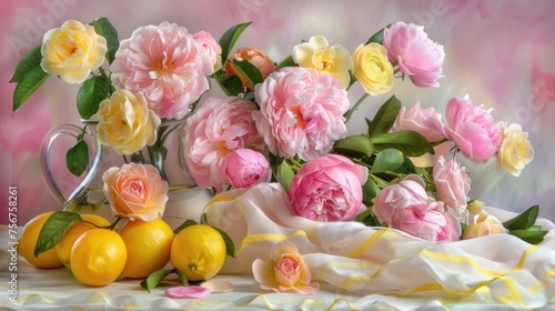 a still life of flowers, lemons, and a watering can with pink and yellow peonies on a white cloth.