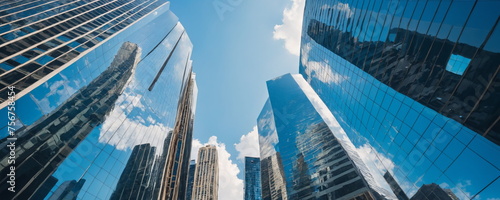 High-rise buildings tower towards a clear blue sky with sunlight reflecting off their glass facades.