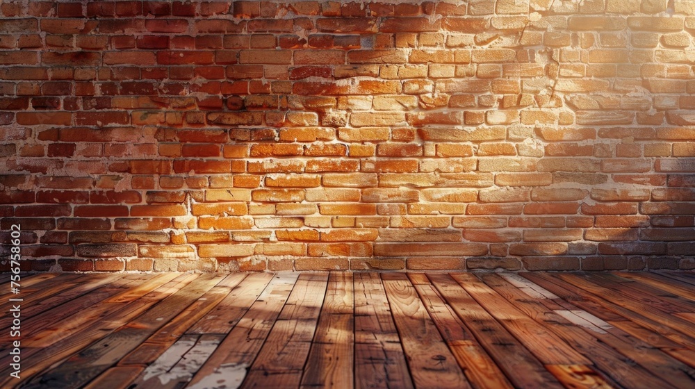 A room with a brick wall and wooden floor. Suitable for interior design projects