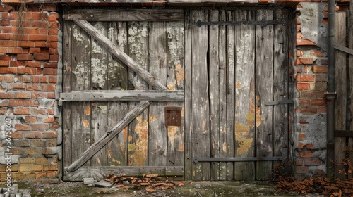 the weathered surfaces of the wooden gate, dried wood, and old brick building to convey the passage of time and evoke a sense of history and nostalgia.