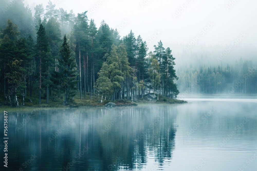 A serene image of a small island in the middle of a lake, perfect for nature backgrounds