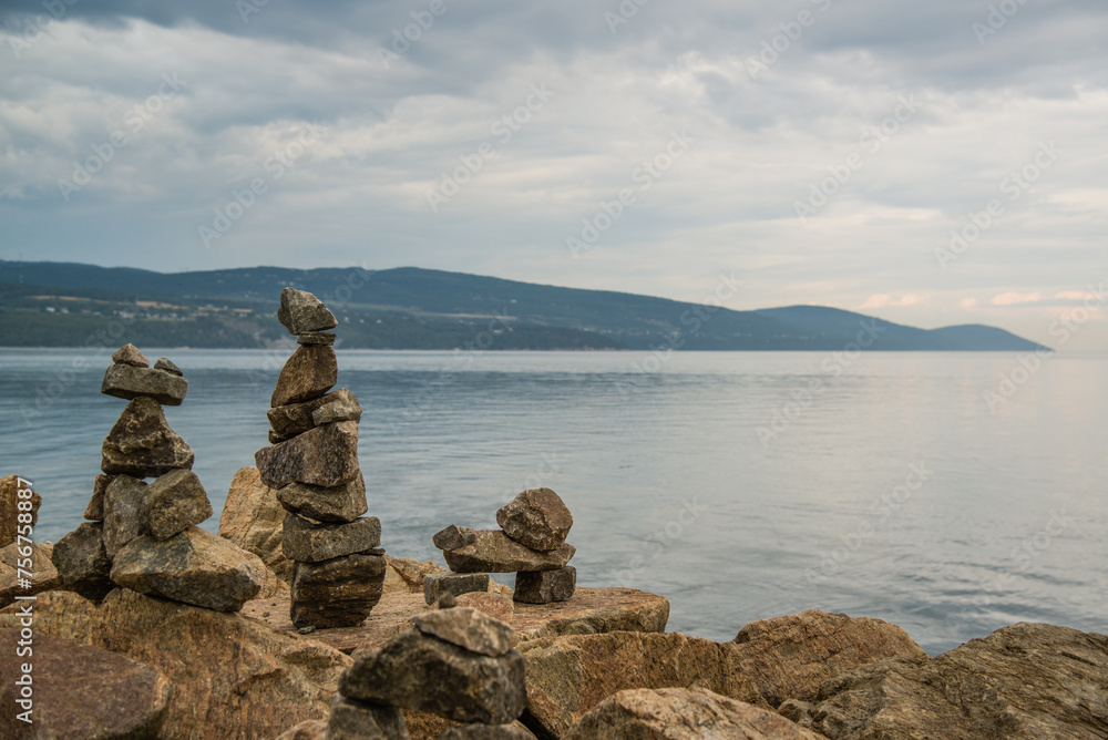 La Malbaie, Canada - August 17 2020: Stunning landscape view with the prayer stones by the saint lawrence river in La Malbaie in Quebec