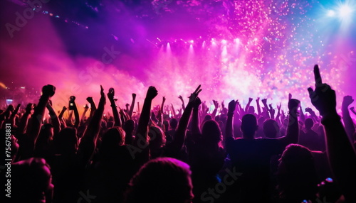 A lively crowd with raised hands enjoys a vibrant concert, illuminated by stunning stage lights under the evening sky