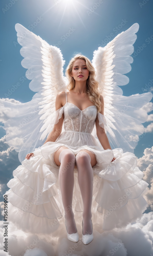 Lovely young female blonde angel in white lingerie.Feather wings.Heaven, clouds, sky.Digital creative designer fashion glamour art. Lovely young female blonde angel in white lingerie.Feather wings.Heaven, clouds, sky.Digital creative designer fashion glamour art.