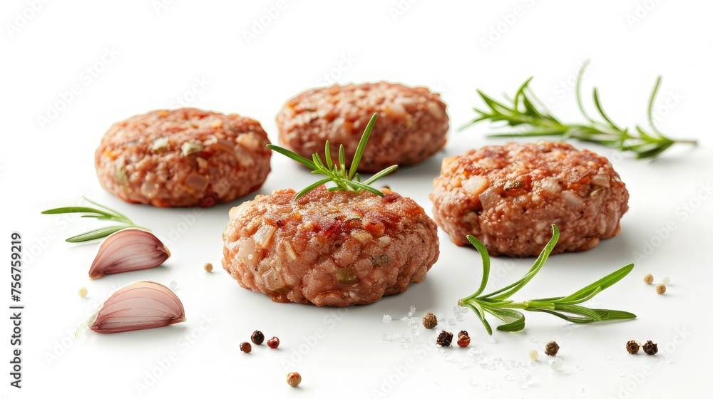 the patties and mince meat thoughtfully on the white background, considering composition and spacing to create an appealing visual balance