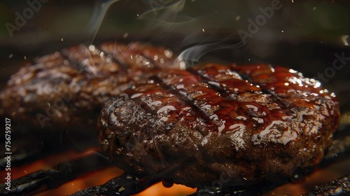 Focus on the sizzle marks and juices on the patties to convey the freshness and flavor of the grilled meat realistically.