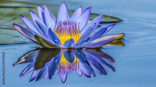 a blue water lily floating on top of a body of water with lily pads on the bottom of the water.