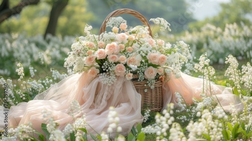 a basket filled with lots of flowers sitting in the middle of a lush green field with white and pink flowers. photo