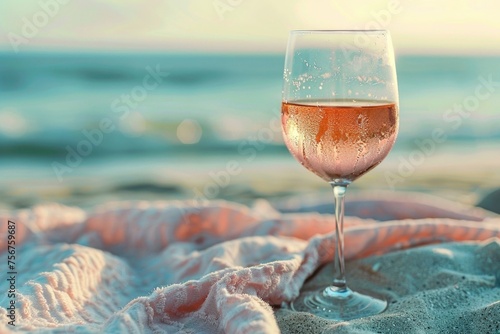 A glass of wine resting on a sandy beach, perfect for vacation concepts