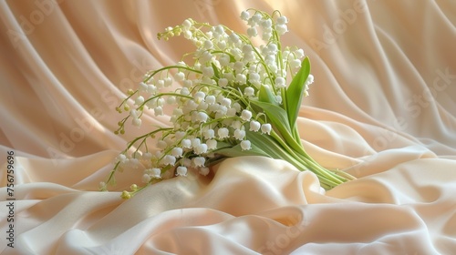 a bouquet of white flowers sitting on top of a white satin covered table cloth on top of a white sheet. photo