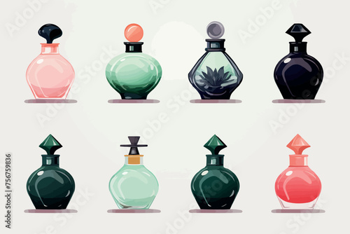 Hand drawn stylized watercolor set of different women perfume bottles isolated on white background