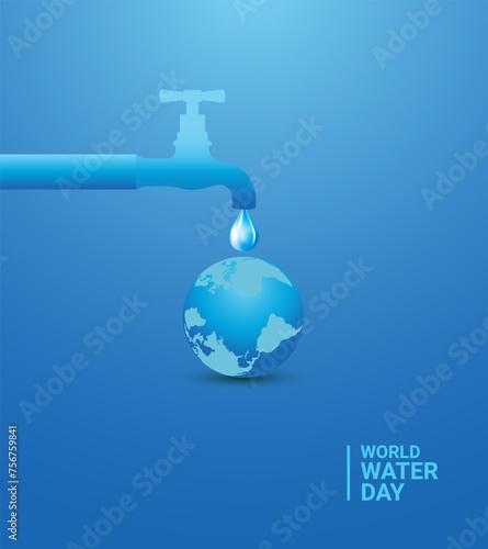 World Water Day Concept, water tap drop water in the world map, save water save environment, creative concept.