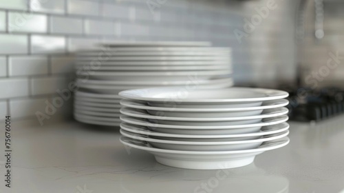 Stack of white plates on kitchen counter, suitable for home decor or restaurant concepts