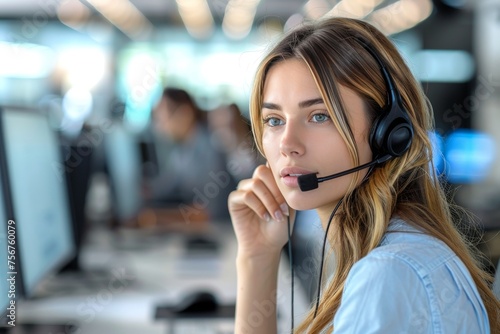 Serene Helpdesk Professional Providing Expert Assistance Amidst a Busy Office Environment