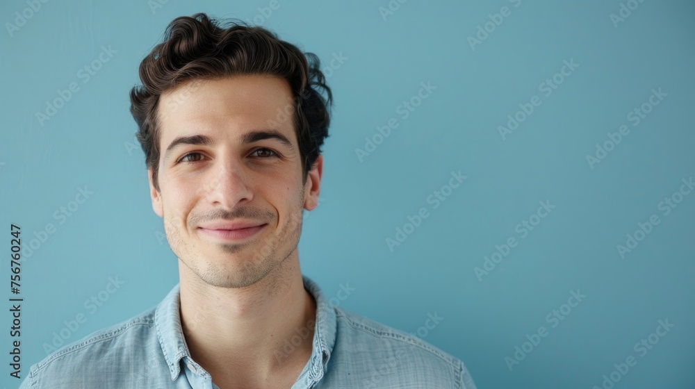 Obraz premium A man in a blue shirt smiling at the camera. Suitable for business or casual concepts
