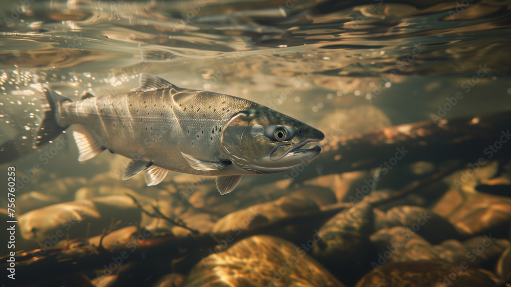 Fototapeta premium Underwater Radiance: A Salmon Gliding in Sun-Kissed Waters