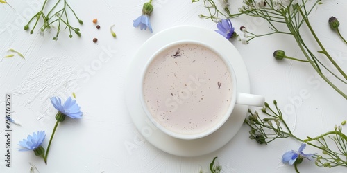 Chicory flowers and herbs and coffee cup on grey snowy background. Banner. Copy space. Top view
