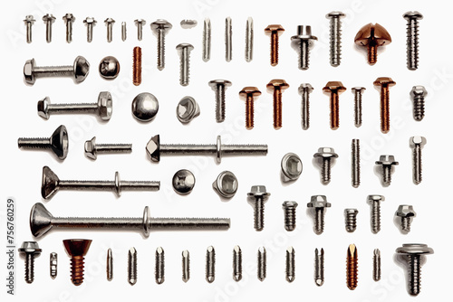 metal bolts and nuts with round washers close-up on a white background