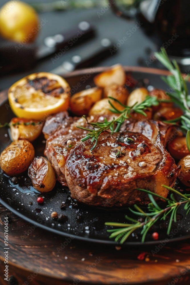 A delicious steak and potatoes meal with a touch of rosemary. Perfect for restaurant menus