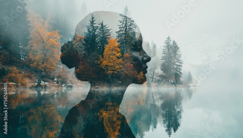 double exposure of human head silhouette and forest with lake Generative AI