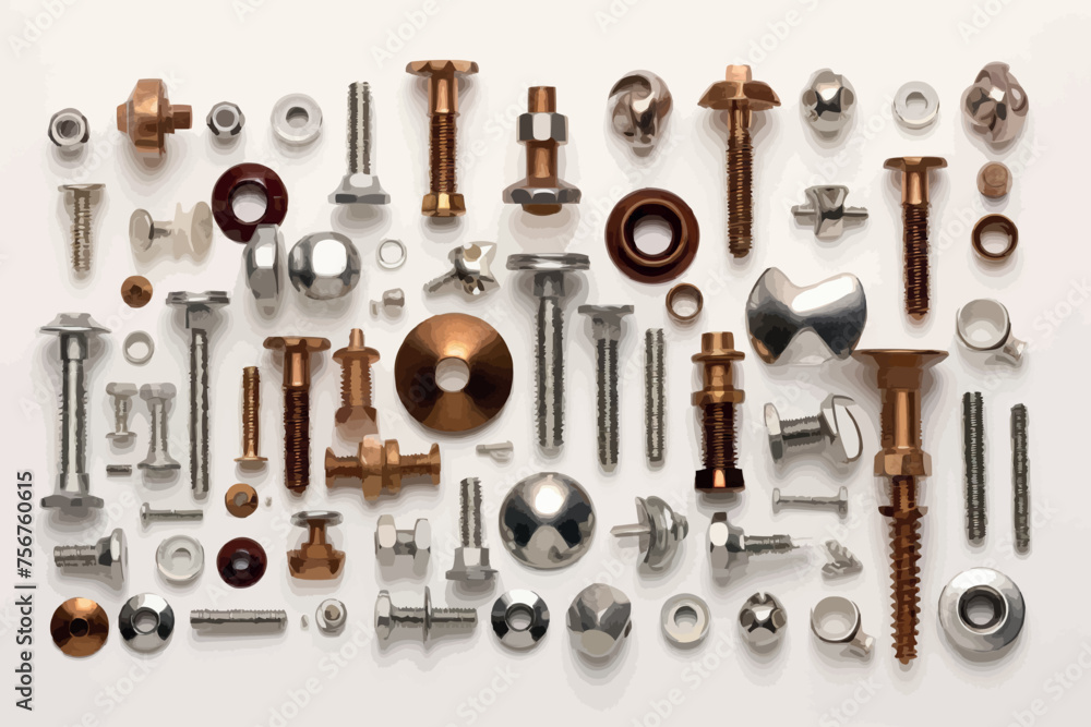 metal bolts and nuts with round washers close-up on a white background metal bolts and nuts with round washers close-up on a white background