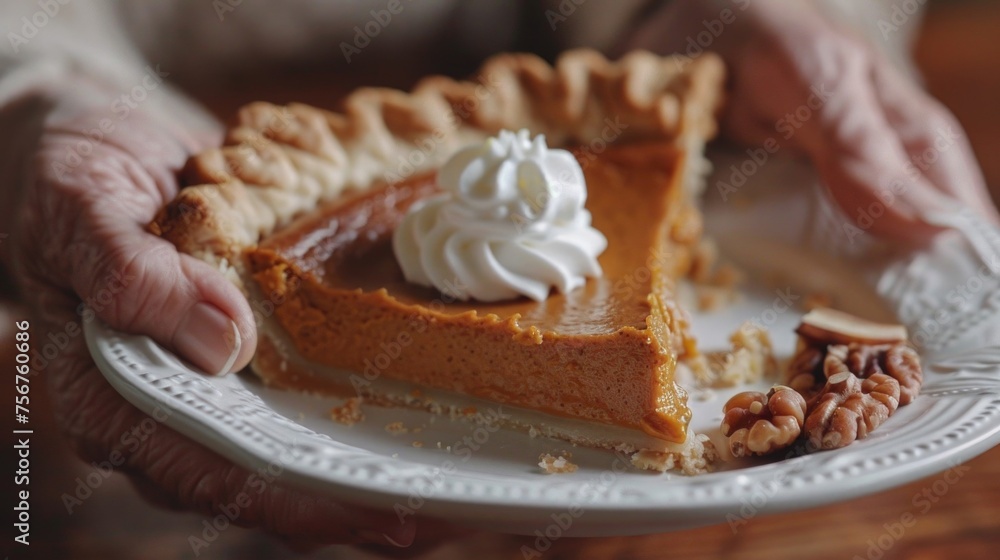 Person holding a plate with a piece of pie, suitable for food and dessert concepts Person holding a plate with a piece of pie, suitable for food and dessert concepts