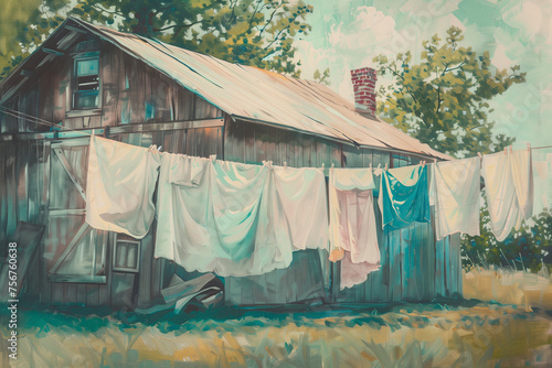 Laundry drying on the clothesline. AI generated art illustration. © Edward Puchkov