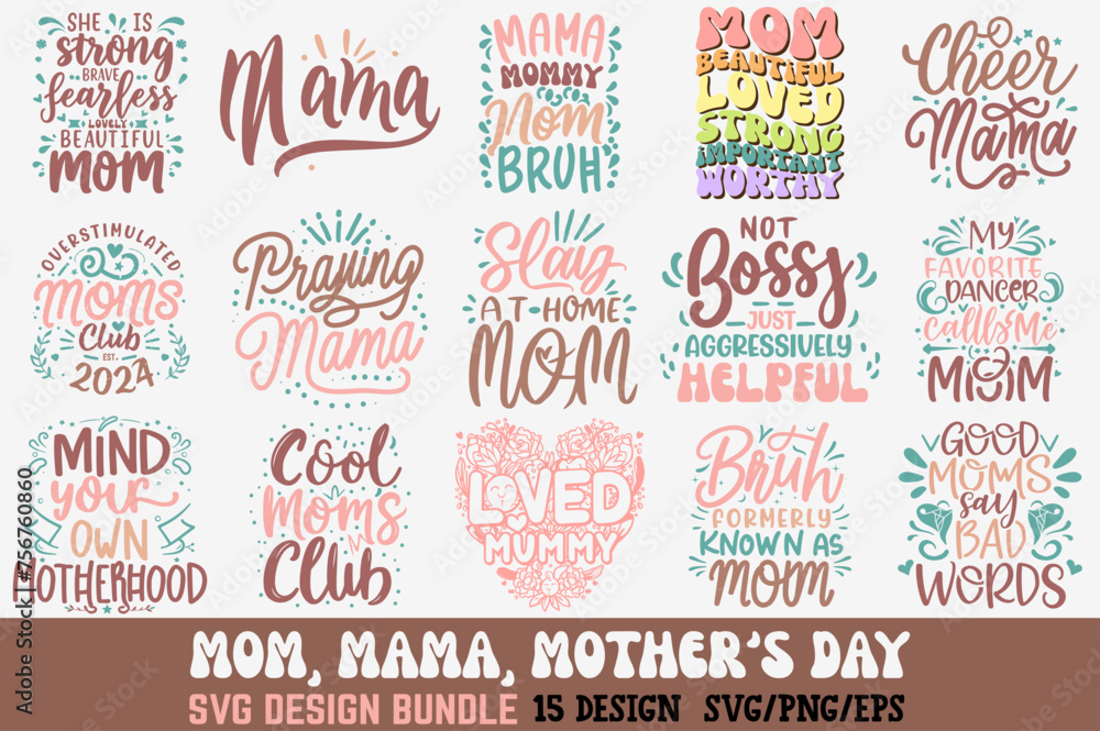 Mom happy mother's day typography t-shirt design bundle vector template. Illustration with love icons mom and child silhouettes. Good for mother's day clothes, t-shirts, mugs, gifts, Pro Vector - obrazy, fototapety, plakaty 