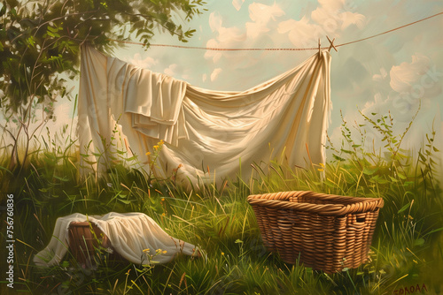 Laundry drying on the clothesline. AI generated art illustration.