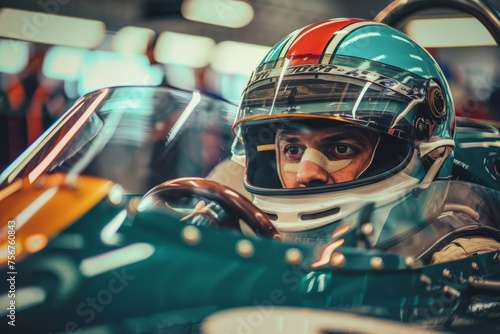 A close-up view of a person inside a racing car, concentrating on the track ahead, hands gripping the steering wheel.