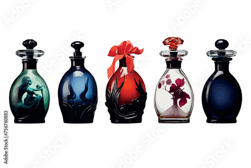 Hand drawn stylized watercolor set of different women perfume bottles isolated on white background