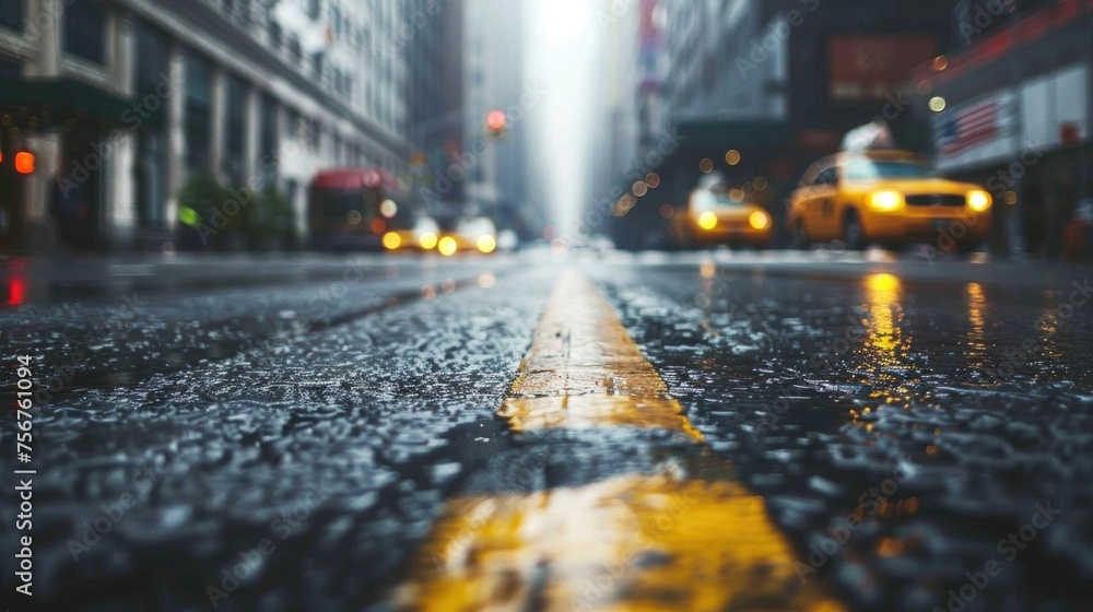 Wet city street with a yellow line, suitable for urban backgrounds