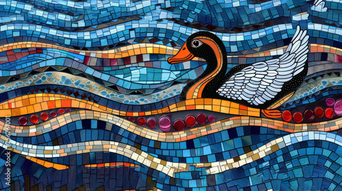 a painting of a duck floating on top of a wave of blue, orange, and yellow glass mosaics.