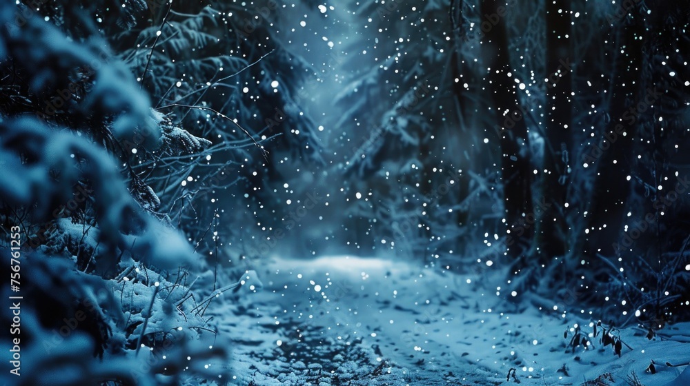 A serene snow covered path through a forest. Perfect for winter themed designs