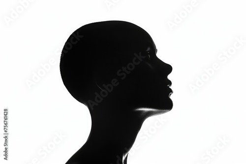 Close-up black and white photo of a woman's head. Suitable for various design projects