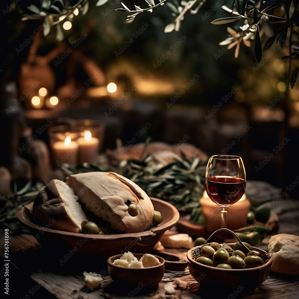 Romantic dinner with wine, cheese, bread and olives on a wooden table with candles in an Aegean garden	