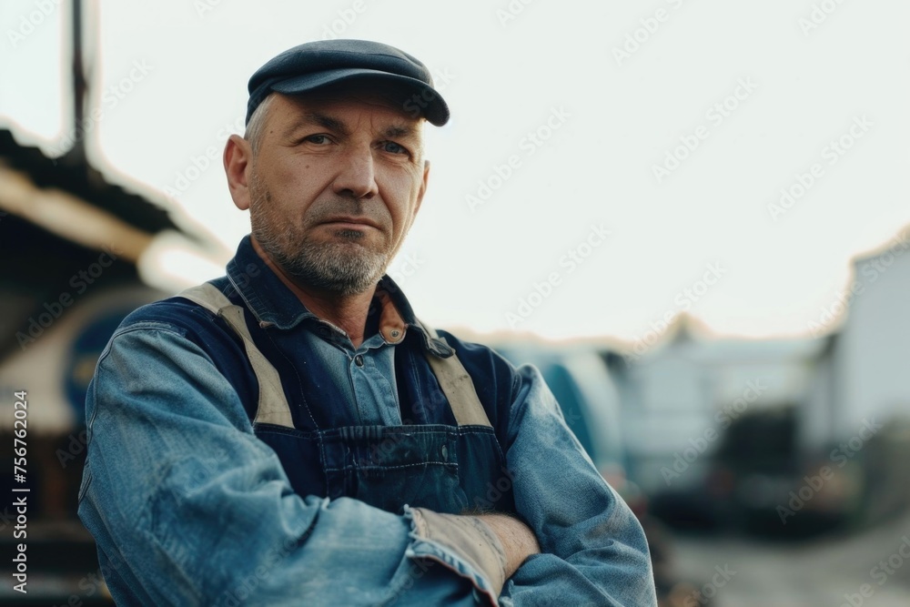 A man standing with crossed arms, wearing overalls and a cap. Suitable for industrial and construction concepts