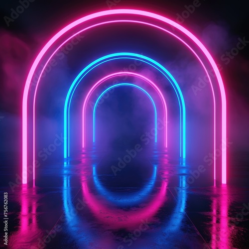 3d abstract neon background, square arch, pink blue glowing lines, futuristic gates construction, reflection