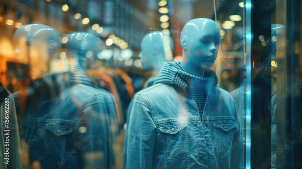Group of mannequins displayed in a store window. Perfect for retail or fashion industry concepts