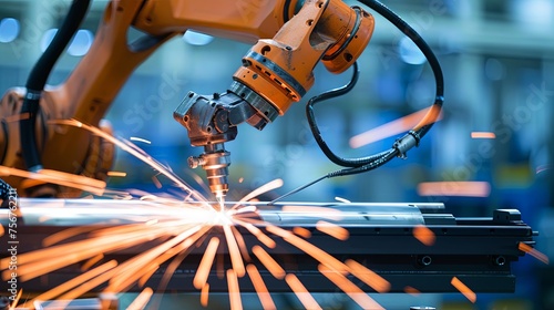 Robot arm head welding and cutting with laser metal sparks in manufacturing factory