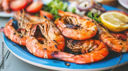 a plate of grilled shrimp with lemon wedges and a side of salad on a white and blue plate. photo