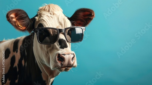 A cow wearing sunglasses against a blue backdrop. Perfect for summer-themed designs © Fotograf