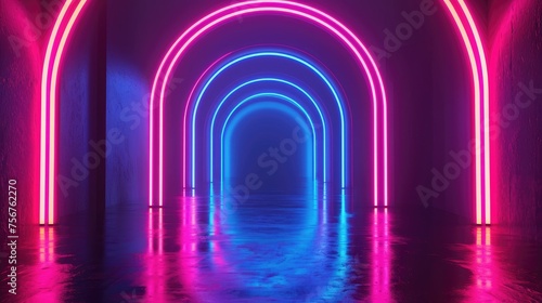 3d abstract neon background, square arch, pink blue glowing lines, futuristic gates construction, reflection