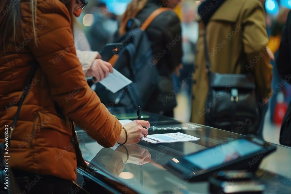 Woman standing at a counter with a pen, suitable for office or business concepts Woman standing at a counter with a pen, suitable for office or business concepts