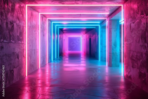 A long hallway with neon lights glowing on the walls  creating a vibrant and futuristic atmosphere.