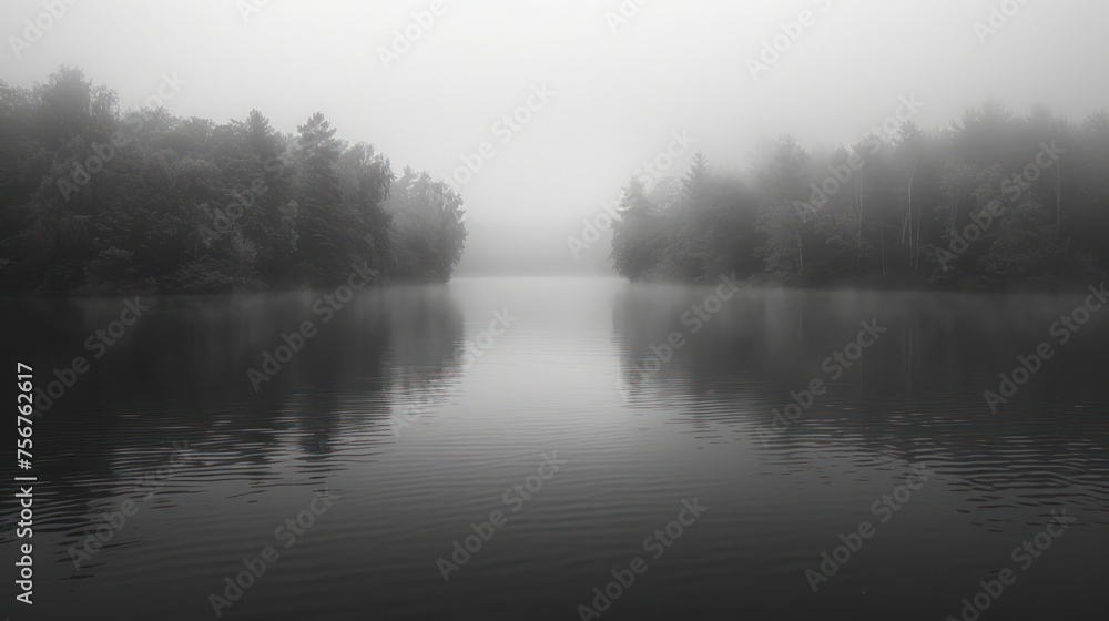 a body of water surrounded by trees in the middle of a foggy day with a boat in the middle of the water. a body of water surrounded by trees in the middle of a foggy day with a boat in the middle of the water.