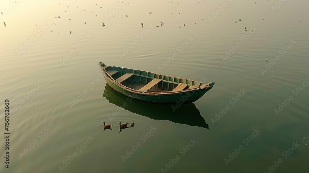 a boat floating on top of a body of water next to a small duck floating on top of a body of water. a boat floating on top of a body of water next to a small duck floating on top of a body of water.