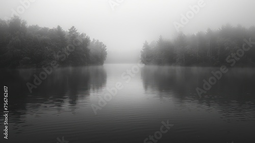 a body of water surrounded by trees in the middle of a foggy day with a boat in the middle of the water.