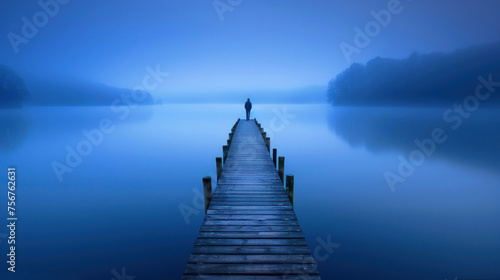 a person standing on a dock in the middle of a body of water with a body of water in the background.