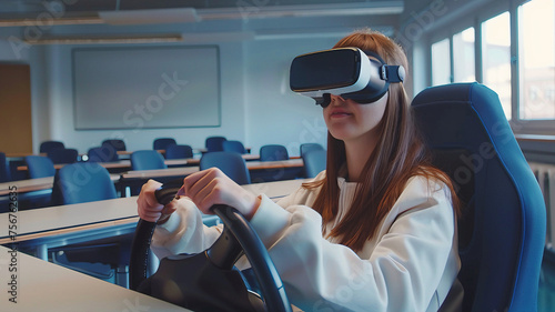 Escola de direção, uma jovem usando óculos de realidade virtual senta-se em uma sala de aula e controla uma máquina virtual usando o volante photo